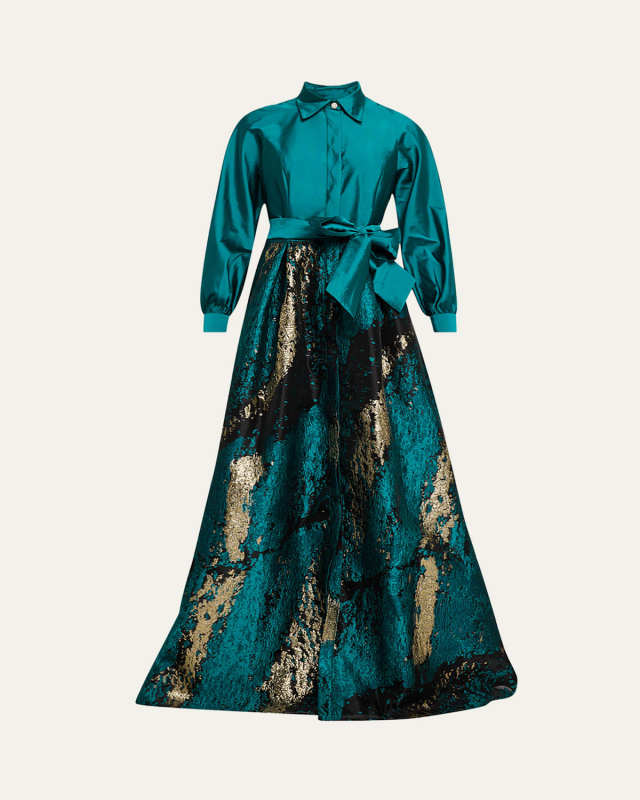 A-Line Taffeta & Metallic Jacquard Shirt Gown